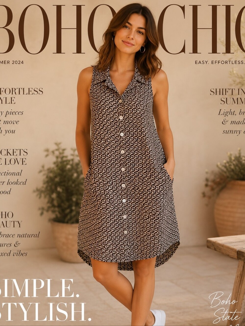 Boho Chic Cotton Trapeze Sleeveless Collared Dress Size 12-14  ( XL)